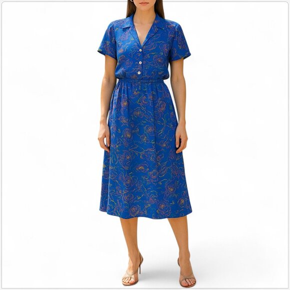 Irene Kasmer Vintage Blue Floral Shirtdress Elastic Waist Blouson Dress New 7 /8 - Picture 1 of 6